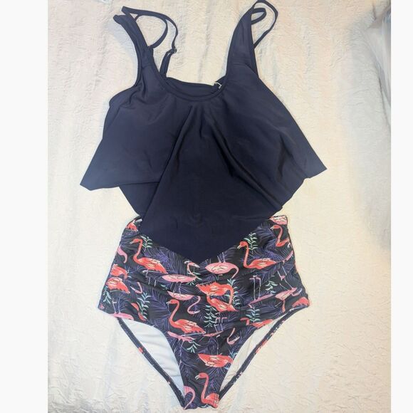 👙 Adisputent Navy Flounce Tankini High Waist Flamingo Swimsuit M - Picture 3 of 6